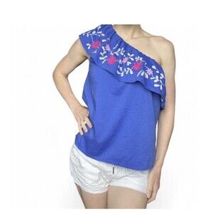 NWT LOFT One Shoulder Floral Embroidered Boho Blue Top Blouse Size S